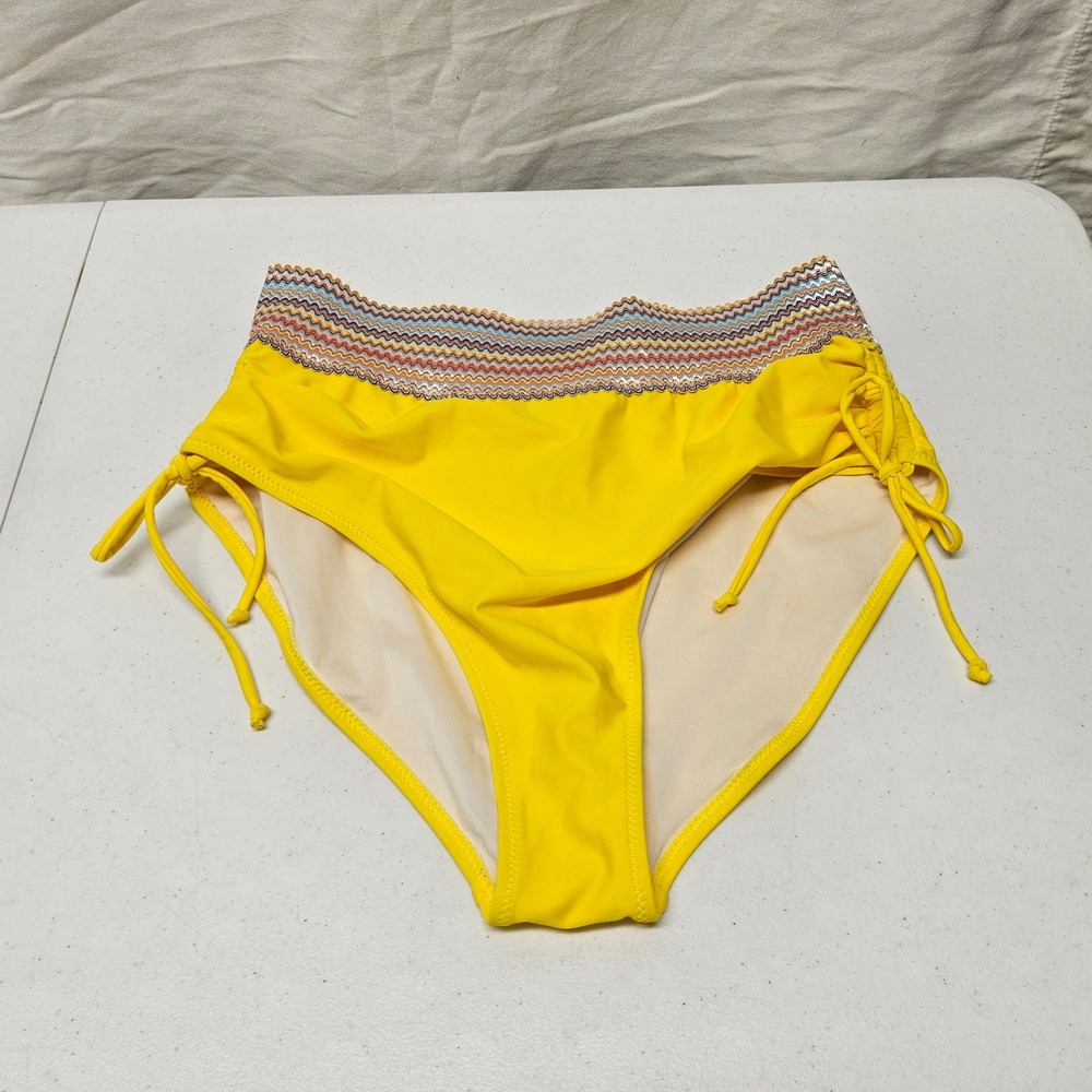 B Bikini Bottoms Women Large Yellow High Waisted Ruched Zig Zag Trim